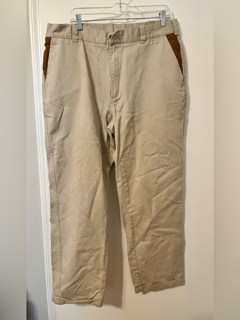 Orvis Men's Beige Chino Pants with leather pocket accents